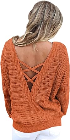 Photo 1 of Asvivid Women Criss Cross V Back Sweaters Fall Trendy Long Sleeve Crewneck Knitted Pullover Jumper Top---2XL