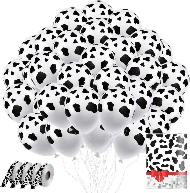 Photo 1 of 100 PCS Cow Balloons With Ribbon Funny Cow Print Balloons For Party Farm Themed Birthday Party Supplies for Kids Birthday Party Favor Supplies Cow Birthday Decorations 