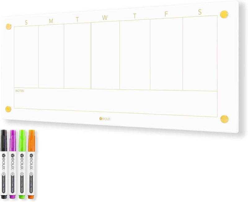 Photo 1 of Glass Golden Weekly Dry Erase Calendar White Board for Wall, to Do List & 7 Days Planner Whiteboard for Home Office, 23x9.5", 4 Wet Erase Markers Included, Yeoux White. Weekly-23" x 9.5"