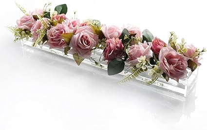 Photo 1 of  Modern Designs™ Rectangular Floral Centerpiece for Dining Table - 15 Inches Long Rectangle Vase - Acrylic Modern Vase - Low Laying Unique Flower Vases for Home Decor or Weddings (LED Clear) 