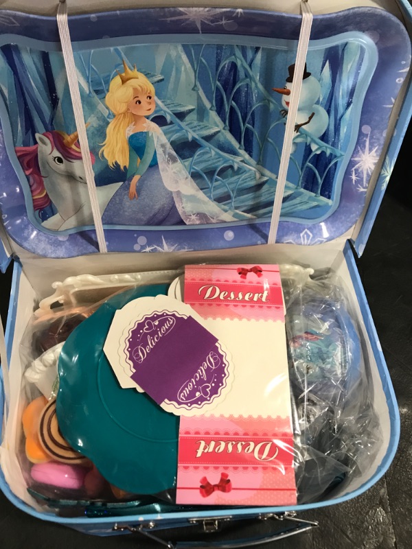 Photo 2 of Golray Tea Party Set for Little Girls Frozen Toys Inspired Elsa Princess Gift, 49Pcs Kid Tin Tea Set & Luxury Food Playset & Carry Case, Kitchen Pretend Play Toy 3-5 Years Toddler Girls Birthday Gift