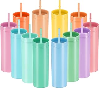 Photo 1 of 16 Pieces Skinny Tumblers Set 16 oz Matte Tumbler Skinny Acrylic Tumbler with Lid and Straw Double Wall Matte Plastic Tumbler Cups Vinyl Cups for Office School DIY (Bright Color)
