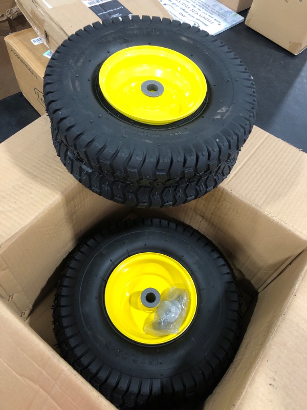 Photo 2 of (2 Pack) AR-PRO Exact Replacement 15" x 6.00 - 6" Front Tire and Wheel Assemblies for John Deere Riding Mowers - Compatible with John Deere 100 and D100 Series - 3” Hub Offset and 3/4” Bushings 15" x 6.00-6" Yellow