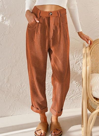 Photo 1 of EVALESS Corduroy Pants for Women Casual High Waisted Straight Leg Pants Loose Comfy Trousers with Pockets Small 1a Brown - SIZE XL 