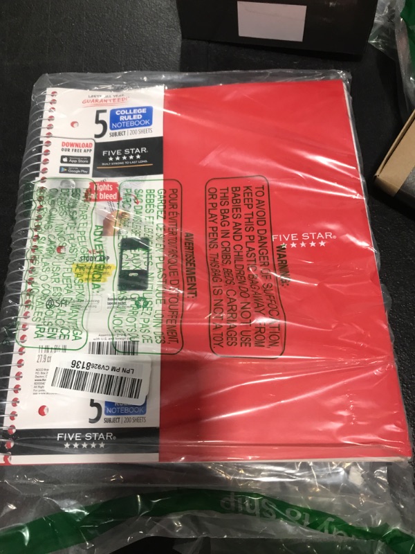 Photo 2 of Five Star Spiral Notebook + Study App, 5 Subject, College Ruled Paper, Fights Ink Bleed, Water Resistant Cover, 8-1/2" x 11", 200 Sheets, Red (72077)