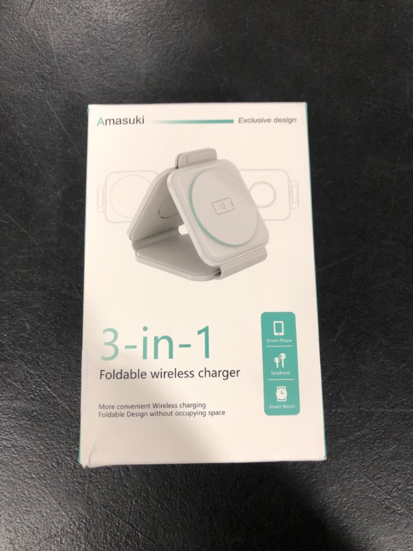 Photo 2 of AMASUKI 3 in 1 Magnetic Wireless Charger, Foldable Wireless Charging Station for Travel, Compatible with iPhone 14 13 12 11/Pro/Pro Max/XR/XS/X/8, AirPods 3/2/Pro,iWatch 7/6/5/4/3/2 (Adapter Included)