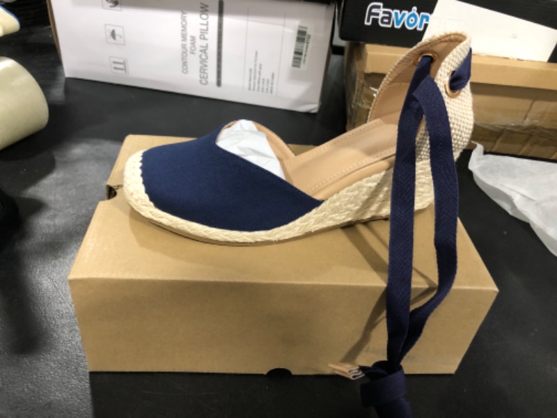 Photo 2 of Lnsshee Women's Closed Toe Espadrille Wedge Sandals Lace Up Ankle Wrap Summer Shoes 7 Navy Blue