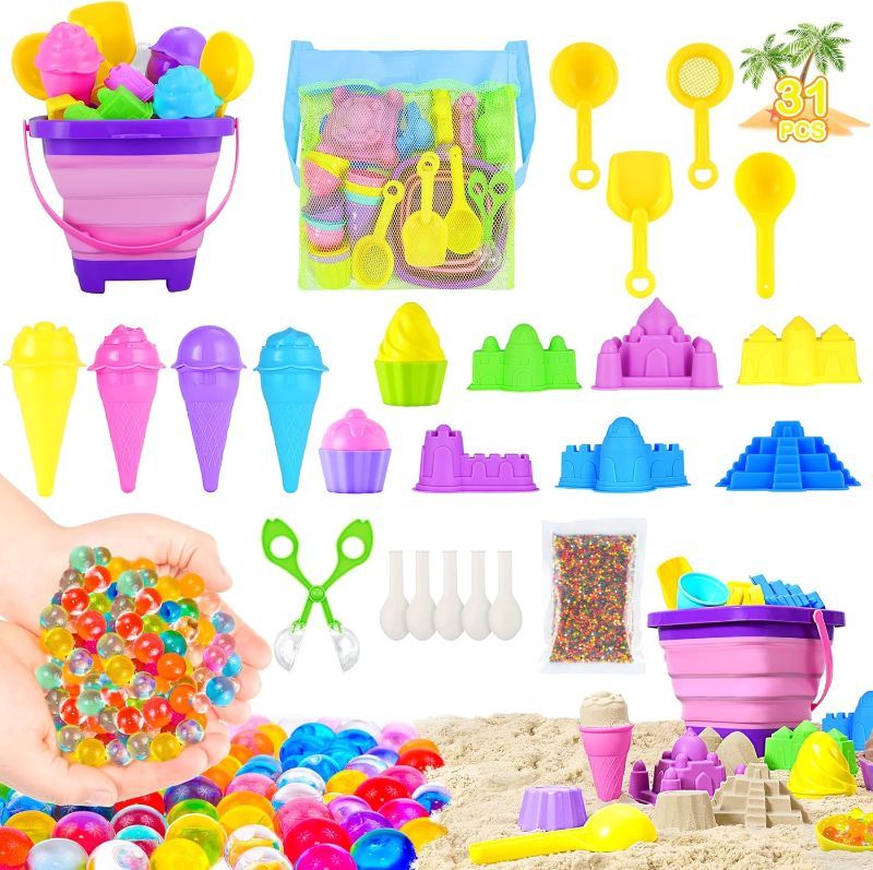 Photo 1 of 31 PCs Beach Toys for Kids 3-10, Sand Toys with Collapsible Bucket, Sensory Water Beads and Portable Mesh Bag. Baby Beach Essentials, Gifts for Toddler Boy Girl Play on Vacation.