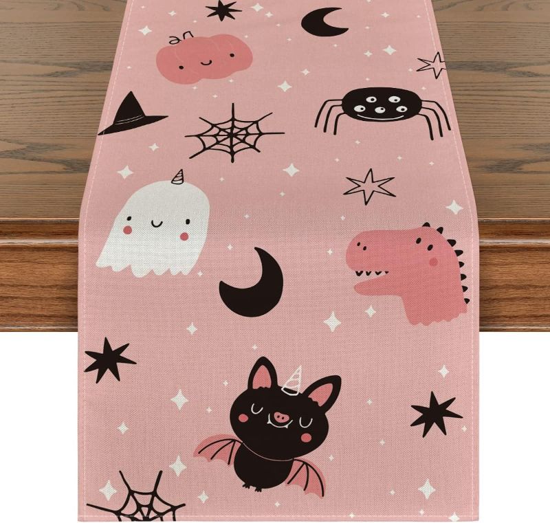 Photo 1 of Artoid Mode Pink Ghost Spider Web Moon Bat Spooky Halloween Table Runner, Birthday Baby Shower Kitchen Dining Table Decoration for Outdoor Home Party 13x108 Inch 