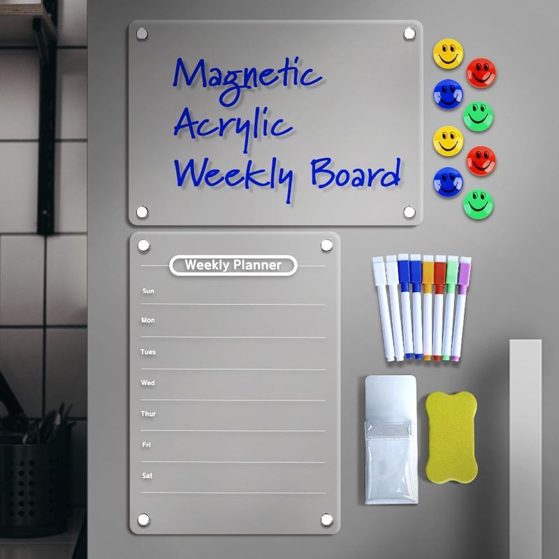 Photo 1 of ADDFIT HOUSE 2 PCS 9"x13" Acrylic Magnetic Dry Erase Board for Fridge - Magnet Week Calendar for Refrigerator Includes 8 Colors Markers and Pen Container, Clear Weekly Planner Magnetic Acrylic Board
