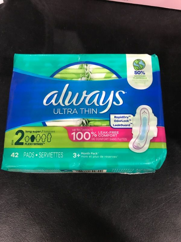 Photo 2 of Always Ultra Thin, Feminine Pads For Women, Size 2 Long Super Absorbency, With Wings, Unscented, 42 Count 42 Count (Pack of 1)