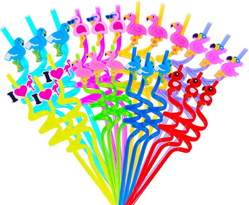 Photo 1 of 24 Pack Reusable Flamingo Straws Decoration Straws Drinking Plastic Straws for Party Favors Birthday Wedding Hawaiian Beach Cocktail Luau Party Decorations (flamingo theme) 