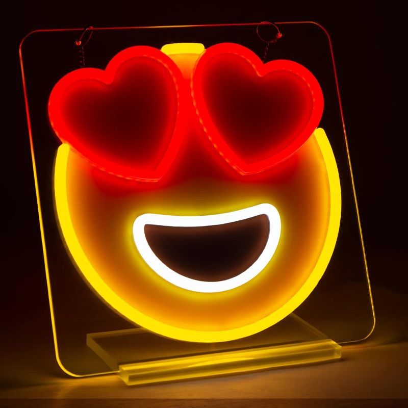 Photo 1 of HOMEGLOW Neon Sign - LED Aesthetic Decor for Wall, Shelf or Desk - Light Up Sign for Bedroom, Den, Game Room, Man Cave or Party - Smiley Face Gift for Kids or Teens - Heart Eyes Emoji