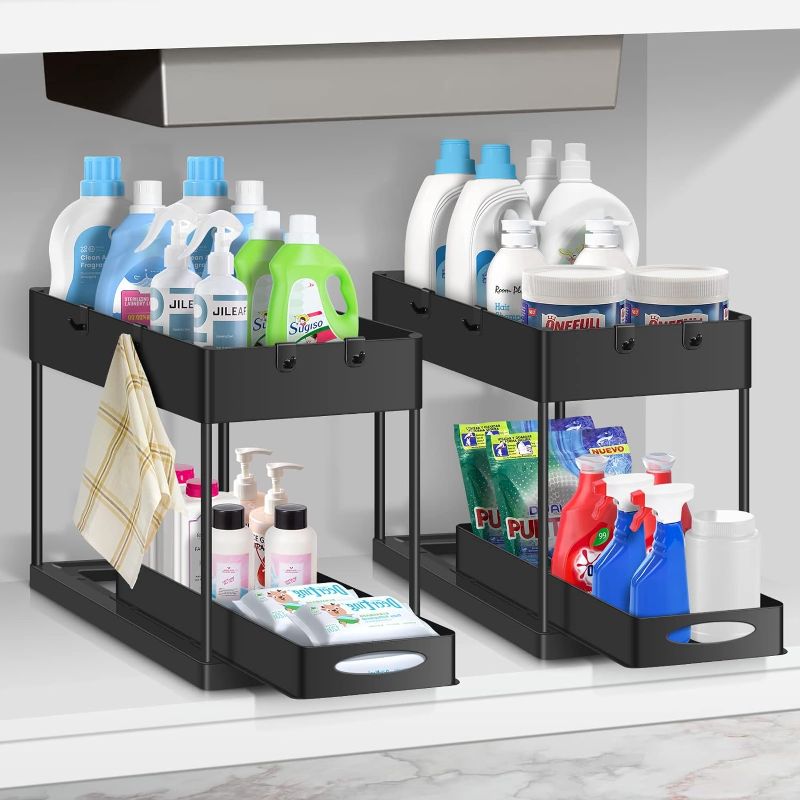 Photo 1 of 2 Pack Under Sink Organizers and Storage, 2-Tier Plastic Bathroom Organizer with Pull-Out Drawer & Hooks, Black Under the Sink Kitchen Cabinet Organizers Shelf for Laundry Organization and Storage 