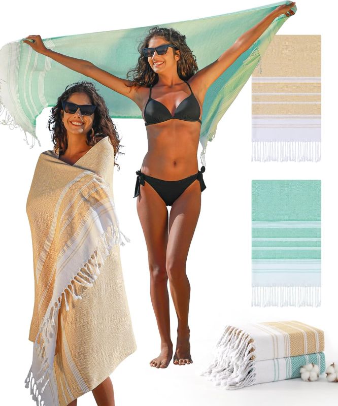 Photo 1 of 2 Packs Cotton Oversized Turkish Beach Towels 74"x38" Lightweight Thin Soft Absorbent Quick Dry Sand Free Towel Bathroom Pool Swim Extra Adult Travel Essentials Blanket Clearance Stuff Necessities 