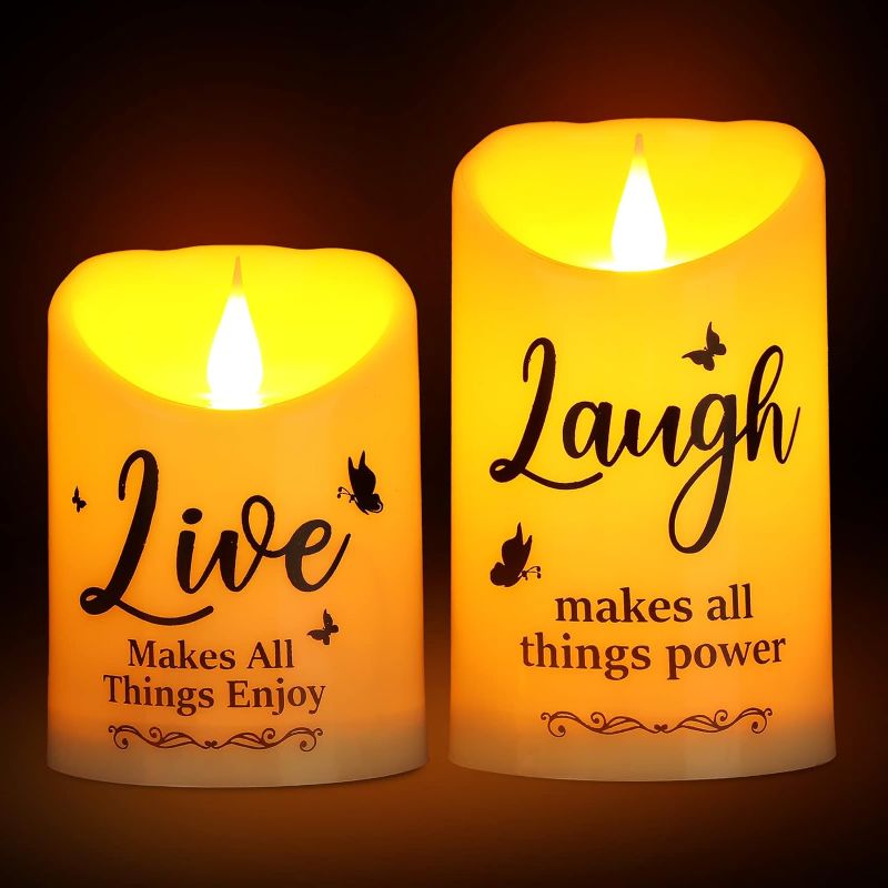 Photo 1 of 2 Pieces Inspirational Flameless LED Candles with Remote, Battery Operated Plastic Warm Light Christian Spiritual Gifts for Women Men with Live Love Laugh Faith Home Thanksgiving Religious Decor 