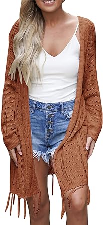 Photo 1 of Cardigan for Women 2023 Lightweight Knit Open Front Hollow Out Crochet Tassel Kimonos Long Sleeve Fall Loose Sweater Cover Up One Size 