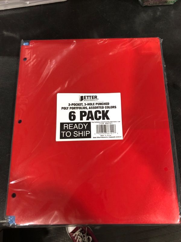Photo 1 of 3 Hole Punch Pocket Folders, Bulk Pack, Sturdy Plastic 2 Pocket Folders, Assorted Primary Colors, Letter Size, with Business Card Slot, by Better Office Products (6 Pack) 6 Primary