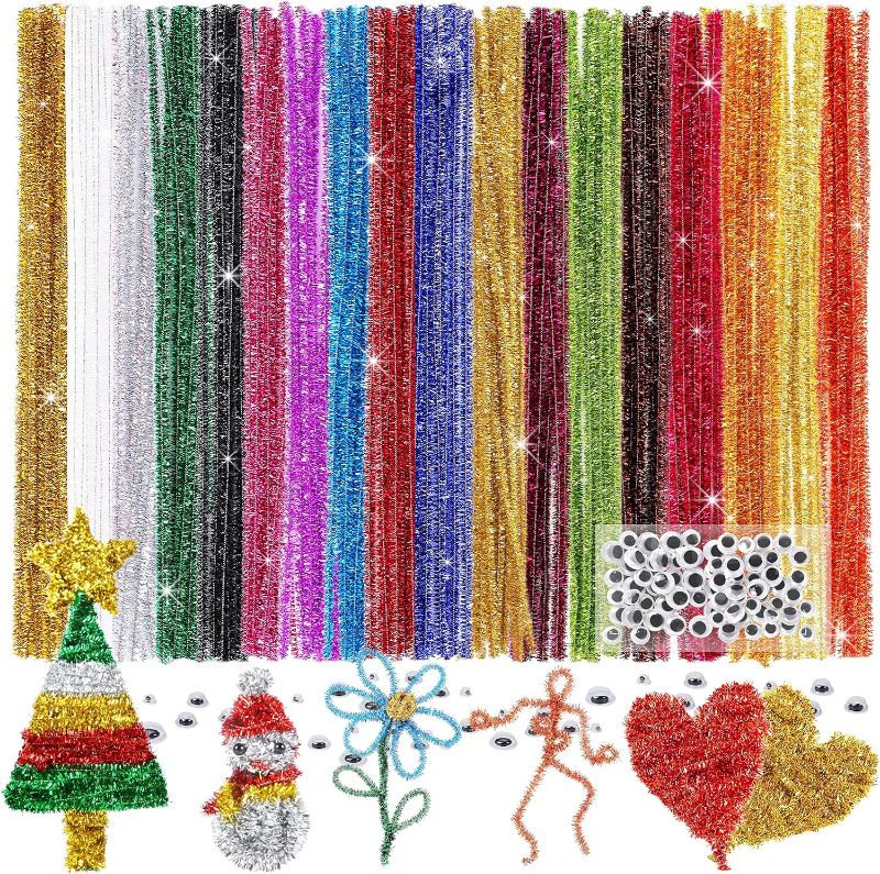 Photo 1 of Caydo 200 Pieces Glitter Pipe Cleaners with 100 Pieces Wiggle Eyes 14 Colors Chenille Stems Metallic Sparkle Craft Pipe Cleaner for DIY Art and Crafts Creative Projects