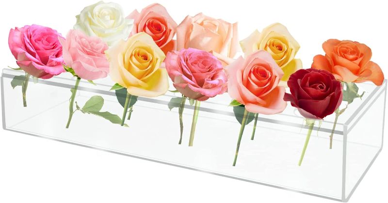 Photo 1 of Acrylic Flower Vase Rectangular, Clear Acrylic Flower Vase Rectangular Floral Centerpiece, Long Rectangular Vase for Home Decor or Weddings (12 Holes+2 LED Light Strip)