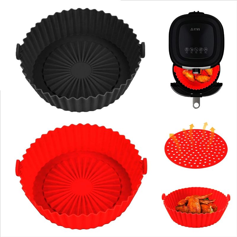 Photo 1 of 2 Pack Air Fryer Silicone Liners – Food-Grade Baking Tray Air Fryer Accessories – Non-Stick Liners for Air Fryer Basket – Easy Cleaning Air Fryer Liner Reusable (Black+Red)