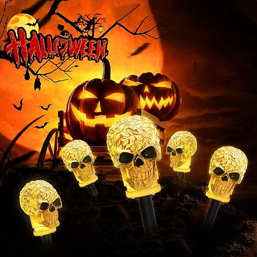 Photo 1 of 5PK Halloween Skull Pathway Lights, Waterproof & Battery Operated Skull Stake Lights for Halloween Decorations Outdoor Garden Yard Pathway Decor