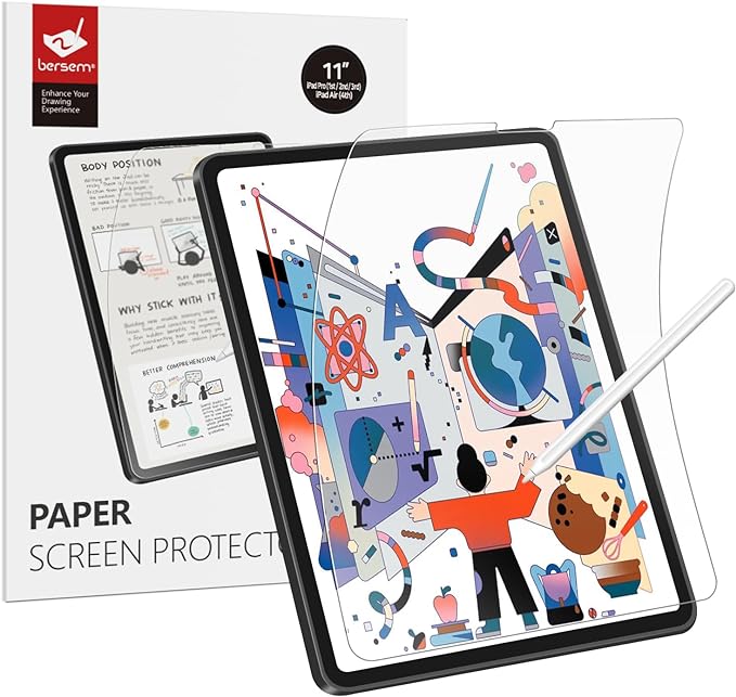 Photo 1 of BERSEM Paperfeel Screen Protector Compatible with iPad Pro 11 inch (2022/2021/2020/2018), iPad Air 5th / 4th Generation (10.9",2022 / 2020), iPad Air 5 / iPad Air 4 Matte PET Film for Drawing Anti-Glare, Apple Pencil Compatible 