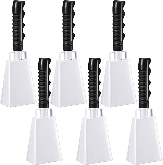 Photo 1 of 6 Pcs 10 Inch Cowbell with Handle Cheering Bell for Sports Events Large Noise Makers Cowbells Loud Cowbell Bulk for Football Games Party Chimes Percussion Musical Instruments (White) 