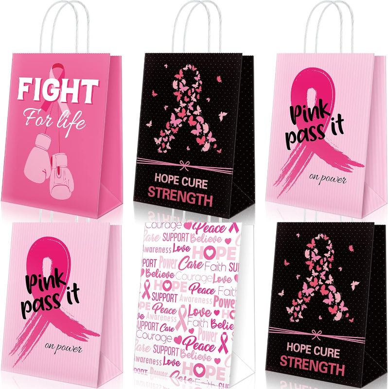 Photo 1 of 20 Pcs Large Breast Cancer Awareness Gift Bags Pink Ribbon Paper Bags with Handles 15 x 8.3 x 4.3 Inch Survivor Party Bags Fight Hope Cure Goodie Bag Pink Ribbon Charity Theme Supplies for Women Girl 