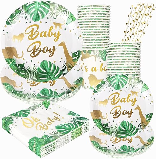 Photo 1 of Baby Shower Tableware Plates and Napkins, Baby Boy Decorations, 24 Pack Safari Jungle Animals Paper Plates with Gold Foil Napkins, Dessert Plate, Disposable Cups, Tea Party Supplies 