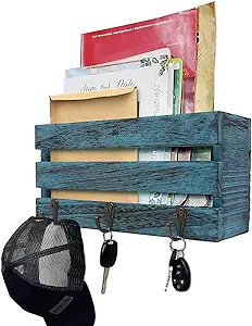 Photo 1 of Rustic Mail Holder Wall Mount ~ Key and Mail Organizer for Wall Decorative with 3 Key Hooks ~ Key Hanger for Wall, Entryway, Bathroom, Living Room, Kitchen (RUSTIC BLUE)