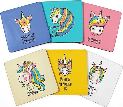 Photo 1 of Inkdotpot Set of 6 Drink Coasters Easy Clean 4,inch Square Coasters Cork Base- Reusable- Unicorn
