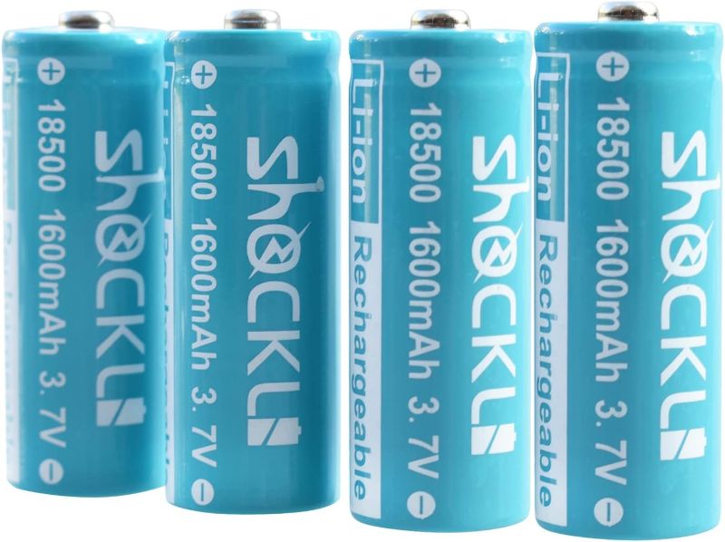Photo 1 of funkawa 18500 3.7V Rechargeable Batteries, Shockli 18500 3.7V Li-ion 1600mAh Rechargeable Battery with Button top- (4 Pack)
