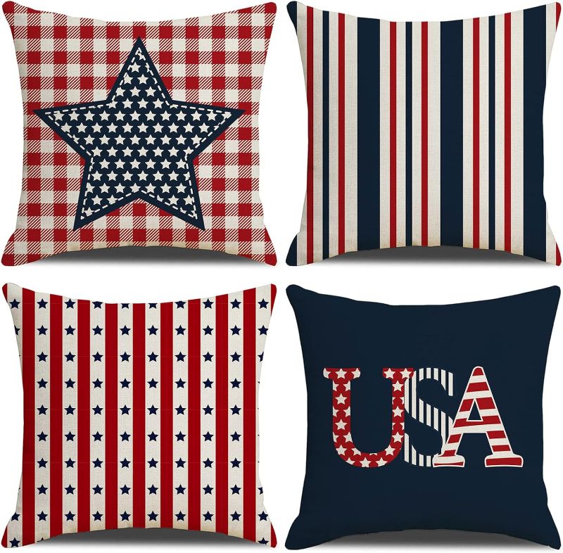 Photo 1 of 4th of July Throw Pillow Covers 18x18 Set of 4, Independence Day Patriotic Freedom America Liberty USA Flag Memorial Day Decorations for Home
