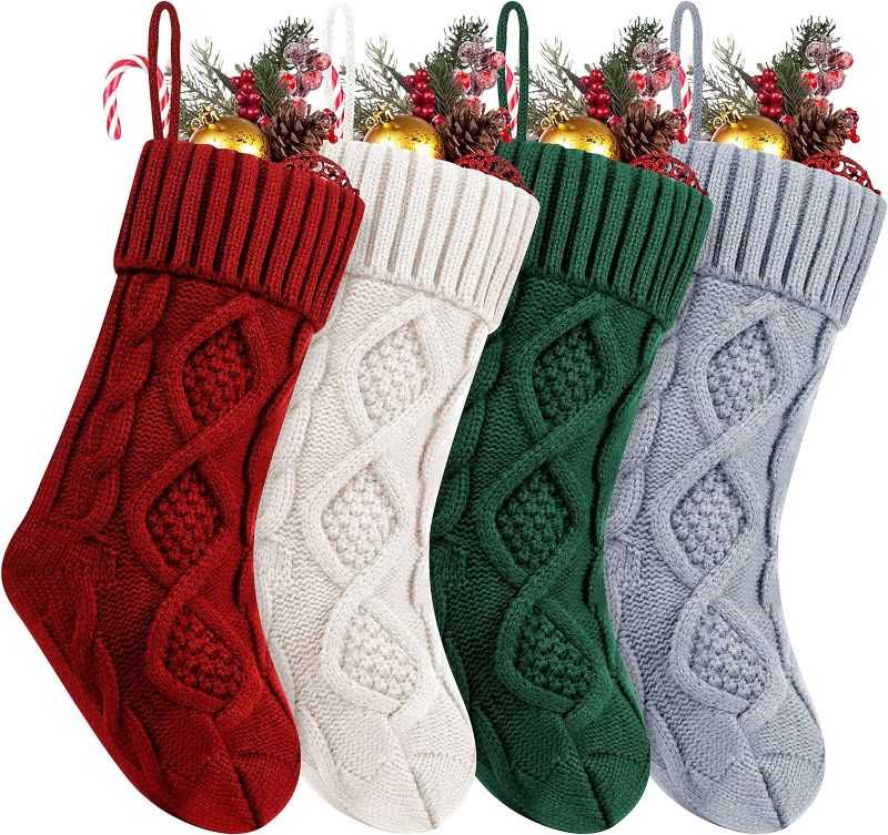 Photo 1 of 4 Pack Christmas Stockings, 14 Inches Cable Knitted Stocking Gifts & Decoration for Family Holiday Xmas Party Decor, Ivory White&Burgundy&Green and Grey
