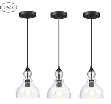 Photo 1 of 1-Light Kitchen Island Teardrop Seeded Glass Pendant with Matte Black finish (3-Pack)