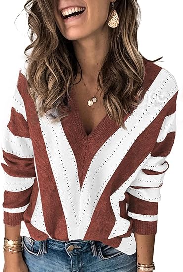 Photo 1 of Elapsy Womens Color Block Striped V Neck Sweater Long Sleeve Pullover Knitted Sweater- MEDIUM 