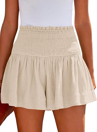 Photo 1 of ANGGREK Womens Summer Casual Shorts Loose High Elastic Waisted Pleated Ruffle Beach Shorts Flowy Cute Shorts
M