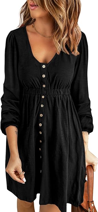 Photo 1 of BTFBM Women 2023 Casual Button Down Summer Fall Dresses Long Sleeve Crew Neck Solid High Waist Short Tunic Mini Dress

