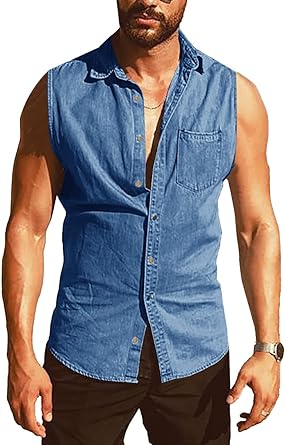 Photo 1 of Angeun Mens Sleeveless Denim Shirt Button Down Tank Tops Lightweight Casual Vest
XXL