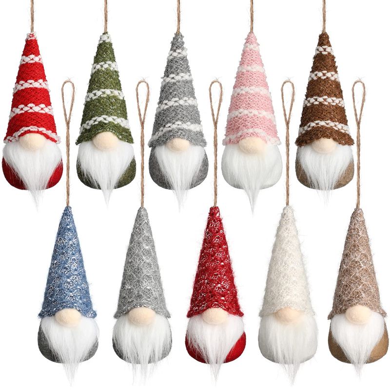 Photo 1 of 10 Pcs Hanging Gnome Ornaments Adorable Christmas Gnomes Handmade Plush Swedish Santa Tomte Holiday Tree Decorations