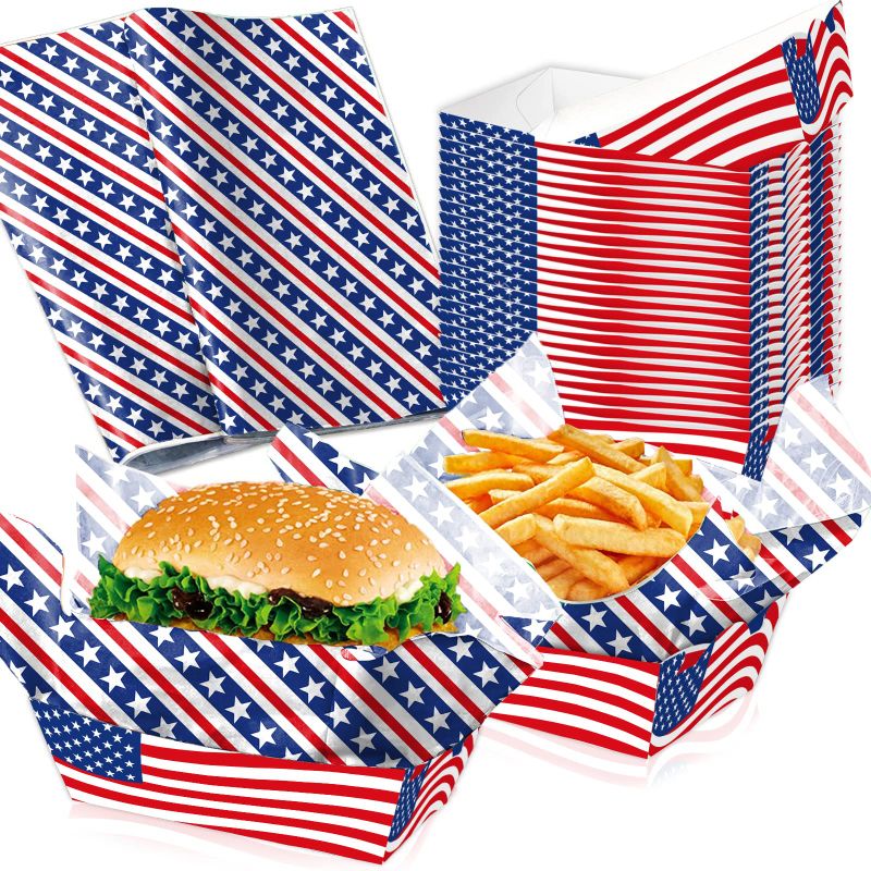 Photo 1 of 100 Piece Serving Trays & Deli Liner Patriotic Party Trays for Serving Food American Flag Paper Food Boats Disposable Snack Trays for BBQ Party Supplies