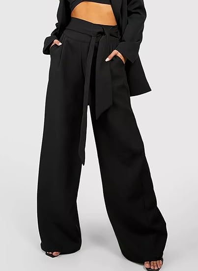 Photo 1 of Acelitt Women Casual Wide Leg Pants Belted Elastic Waist Y2K Pants with Pockets XL