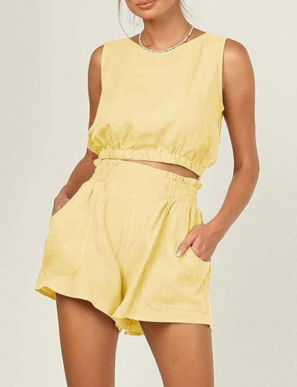 Photo 1 of ANGGREK Women's Summer 2 Piece Outfits Sleeveless Crop Top and High Waist Pocketed Shorts Loose Summer Casual Sets SMALL