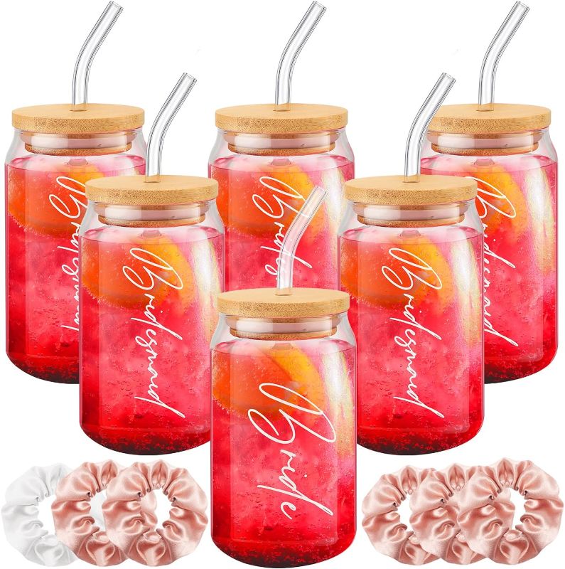 Photo 1 of 
Mumufy 6 Pcs Bridesmaid Gifts Iced Coffee Cup with Bamboo Lids and Straws Jar Cups Bachelorette Cups 6 Pcs Bridesmaid Scrunchies Bachelorette Hair Ties