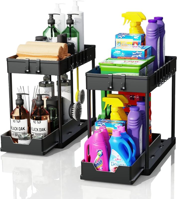 Photo 1 of 2 Pack Under Sink Organizers and Storage, 2-Tier Sliding Cabinet Basket Organizer with Hooks, Multi-Purpose Under Sink Organizers and Storage for Bathroom Kitchen 