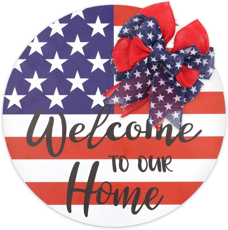 Photo 1 of 4th of July Decoration Patriotic Wreaths for Front Door Fourth of July Decorations Welcome Sign Americana Farmhouse Independence Day Red White Blue Summer Memorial Day Door Hanger, 14inch
