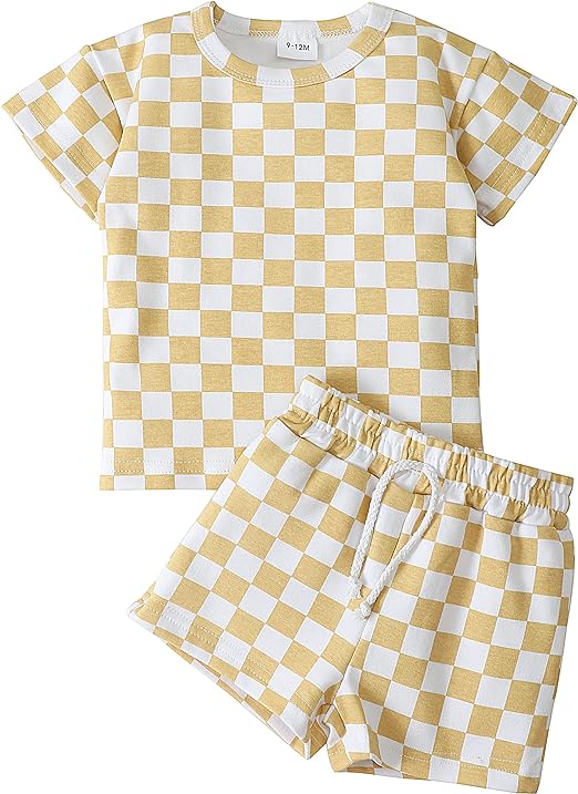 Photo 1 of FRLOONY Toddler Baby Boy Clothes Kids Summer Outfits Checkerboard Plaids Short Sleeve T-Shirt Tops + Shorts 2Pcs Clothing Set --9-12M