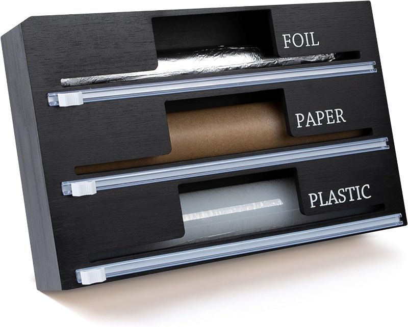 Photo 1 of 3 in 1 Bamboo Foil and Plastic Wrap Organizer - Plastic Wrap Dispenser with Cutter for Plastic Wrap, Alumunium Roll & Wax Paper, Fits 12" Roll (Black) 