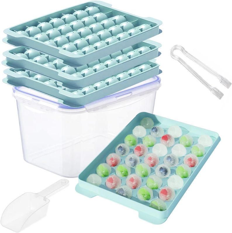 Photo 1 of 4 Pack Small Ice Cube Tray With Lid And Bin, 132x1.1ines Sphere Mini Ice Cube Mold Making Easy For Chilling Drinks Coffee Juice (Updated Blue Ice Trays, Ice Bin & Scoop & Tongs)
